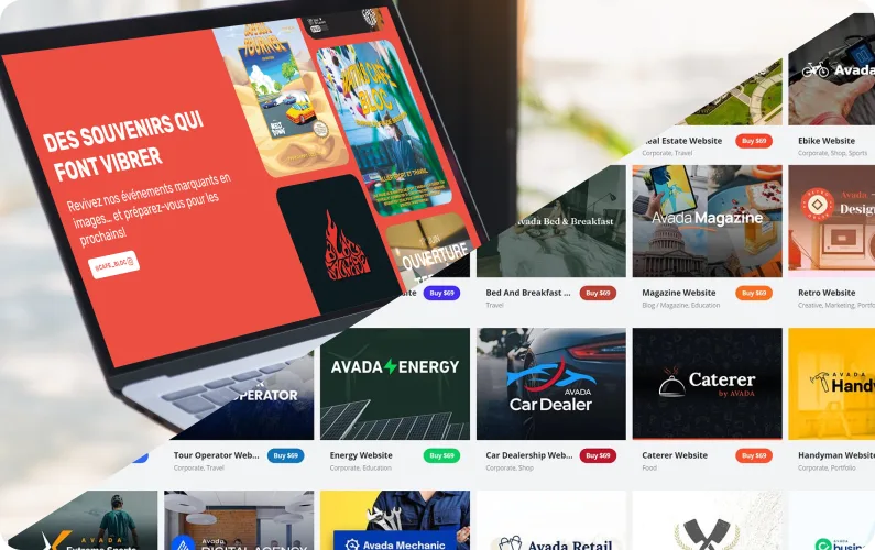 Modèles de sites web WordPress affichés sur un ordinateur portable